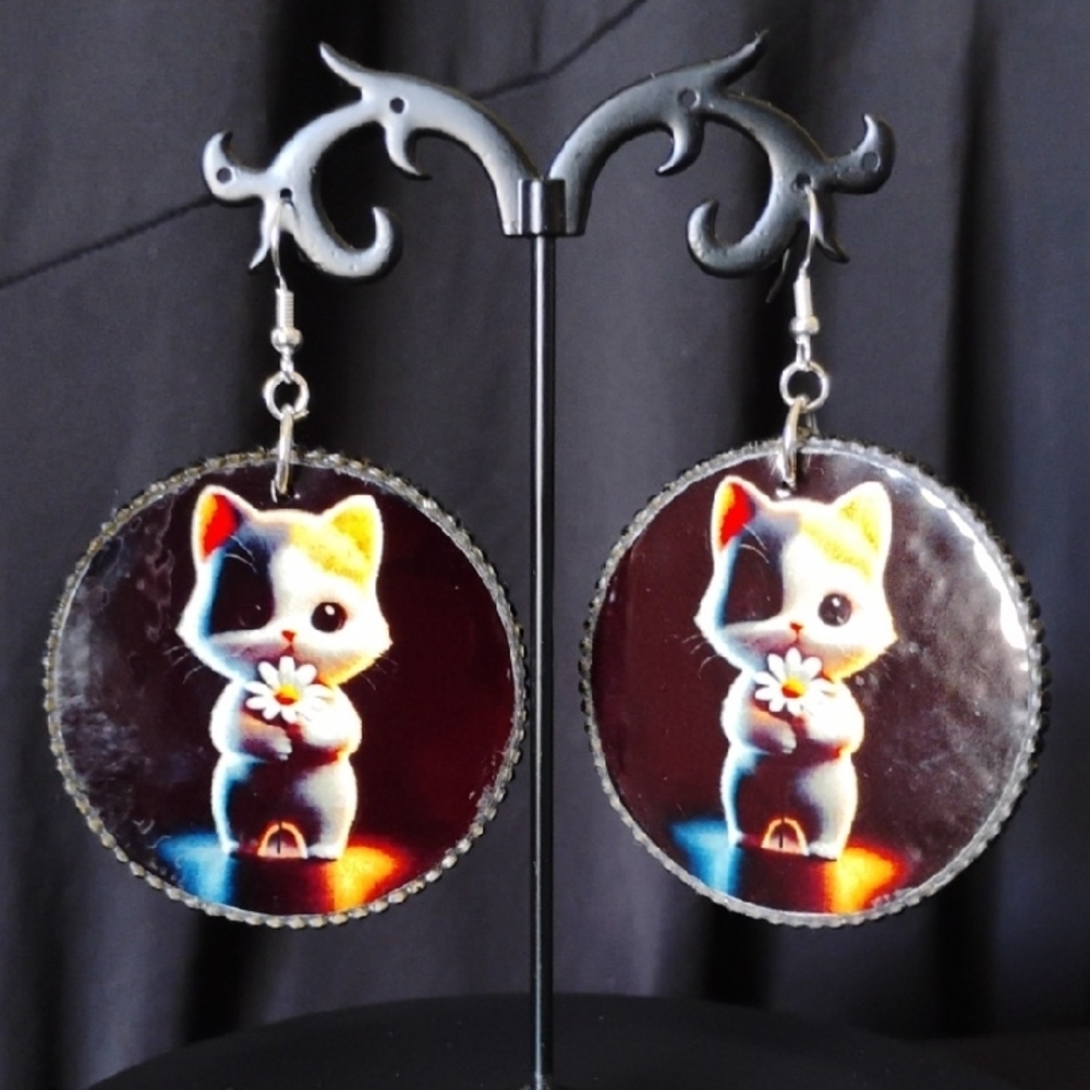 Cute Cat Earrings with Flower